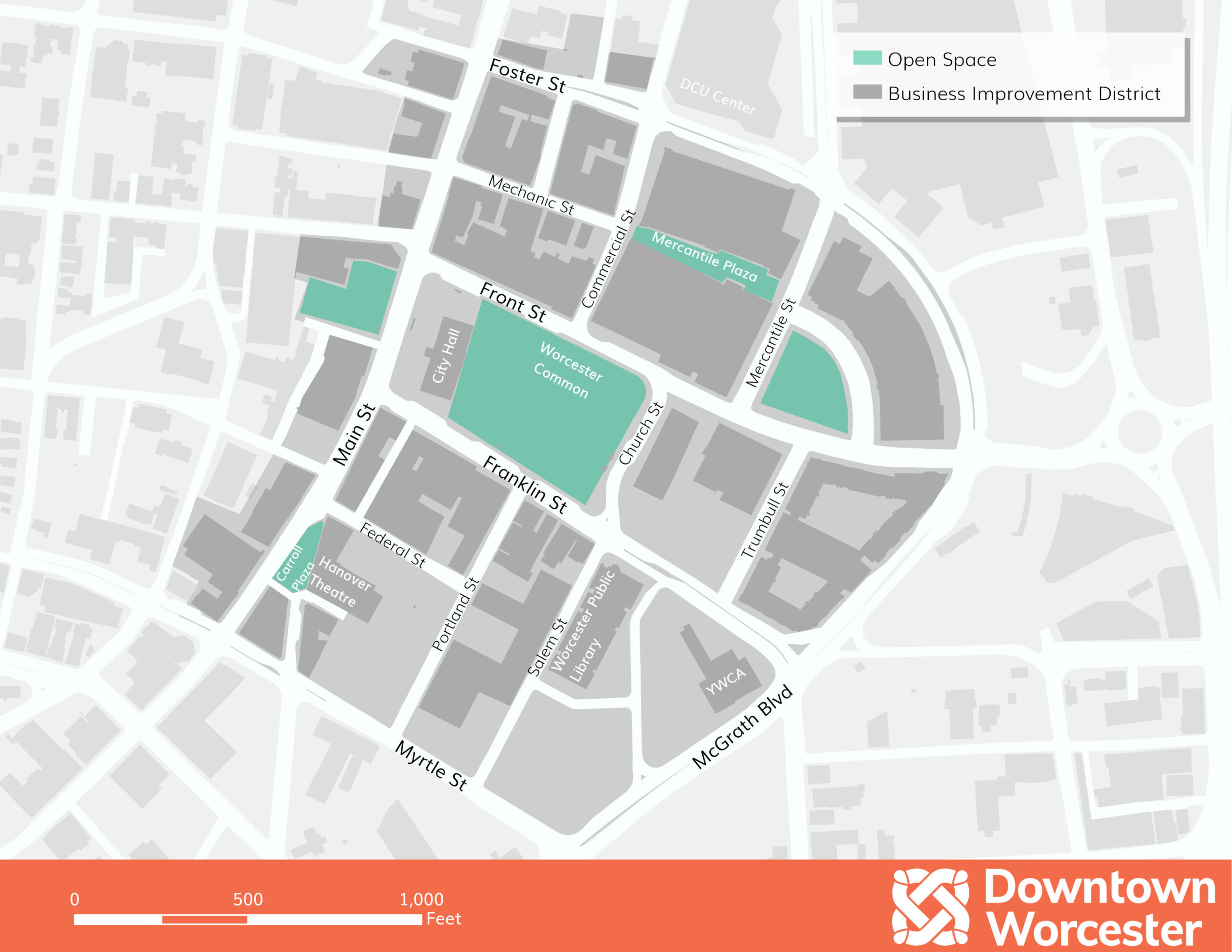 A graphic depiction of the boundaries that the Downtown Worcester Business Improvement District serves.